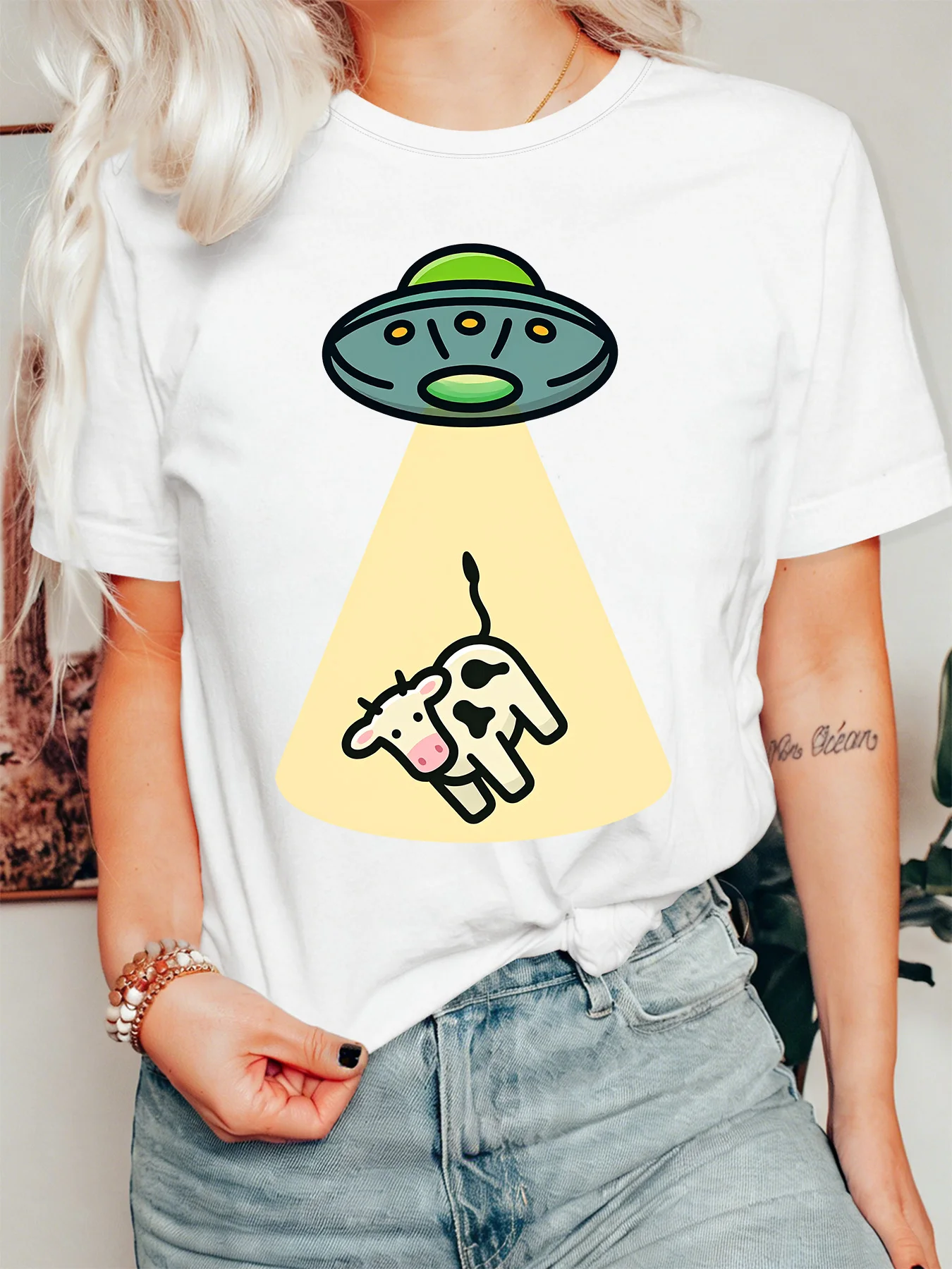 Whimsical Space UFO Beam Abduct Cow Womens T Shirt Cool Alien Sci Fi Cartoon Graphic Tee Short Sleeve Casual Party Ladies Tops