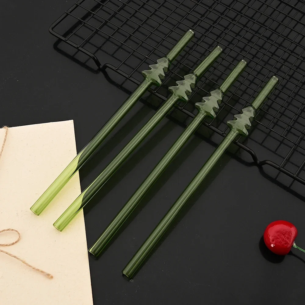 9Pcs High Borosilicate Glass Straw Christmas Tree Reusable Eco Friendly Drinking Straws Set Bubble Tea Smoothies Bar Accessories