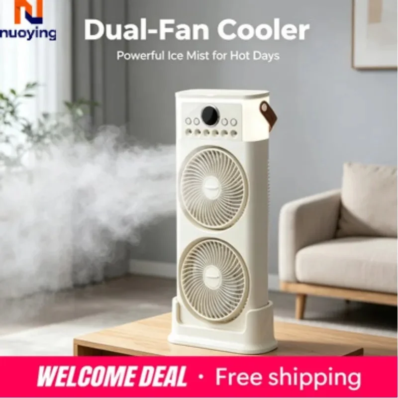 6-Loch-Zerstäubungs-Wassernebelventilator mit zwei drehbaren Ventilatorköpfen, 360° °   USB-Aufladbarer Ventilator mit Schwenkflügeln, Fernbedienung, tragbarer Wand- und Tischventilator 2-in-1 mit