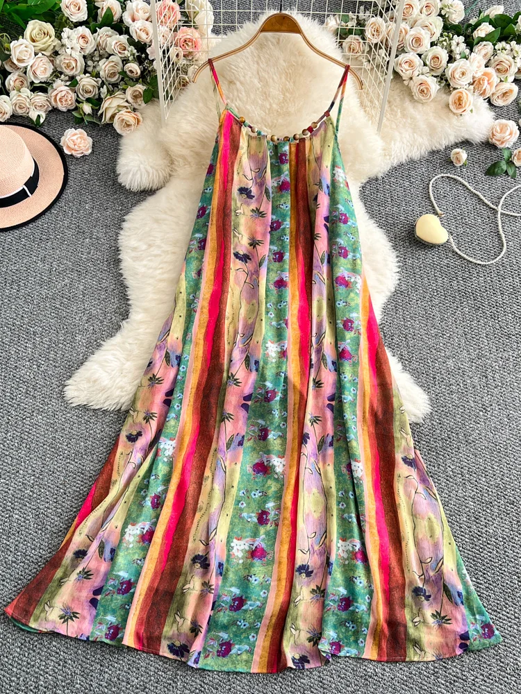 

Women Summer Dress Retro Oil Painting Printed Seaside Vacation Style Mid Length Thai Style Gold Suspender Vestidos DS099