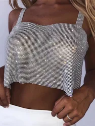 Bling Rhinestones Party Crop Top 2023 Fashion Solid Backless Straps Full Diamonds Sequins Cami Cropped Top for Women