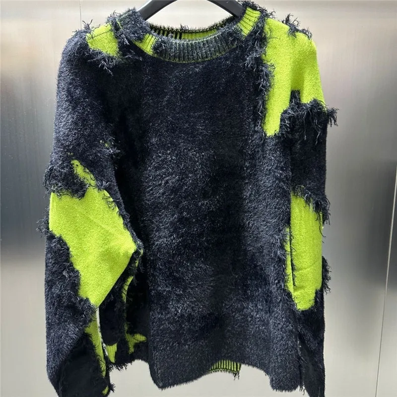 Autumn Winter Contrast Color Patchwork Knit Pullover Women Stylish O-Neck Tassel Wool Sweater Mink Mohair Knitwear Runway 005K