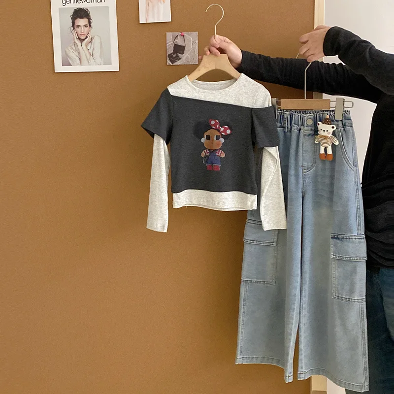 Girls 2026 Cartoon Fake Two-piece Long-sleeved T-shirt Children's Jeans Sports Long Pants Two-piece Set