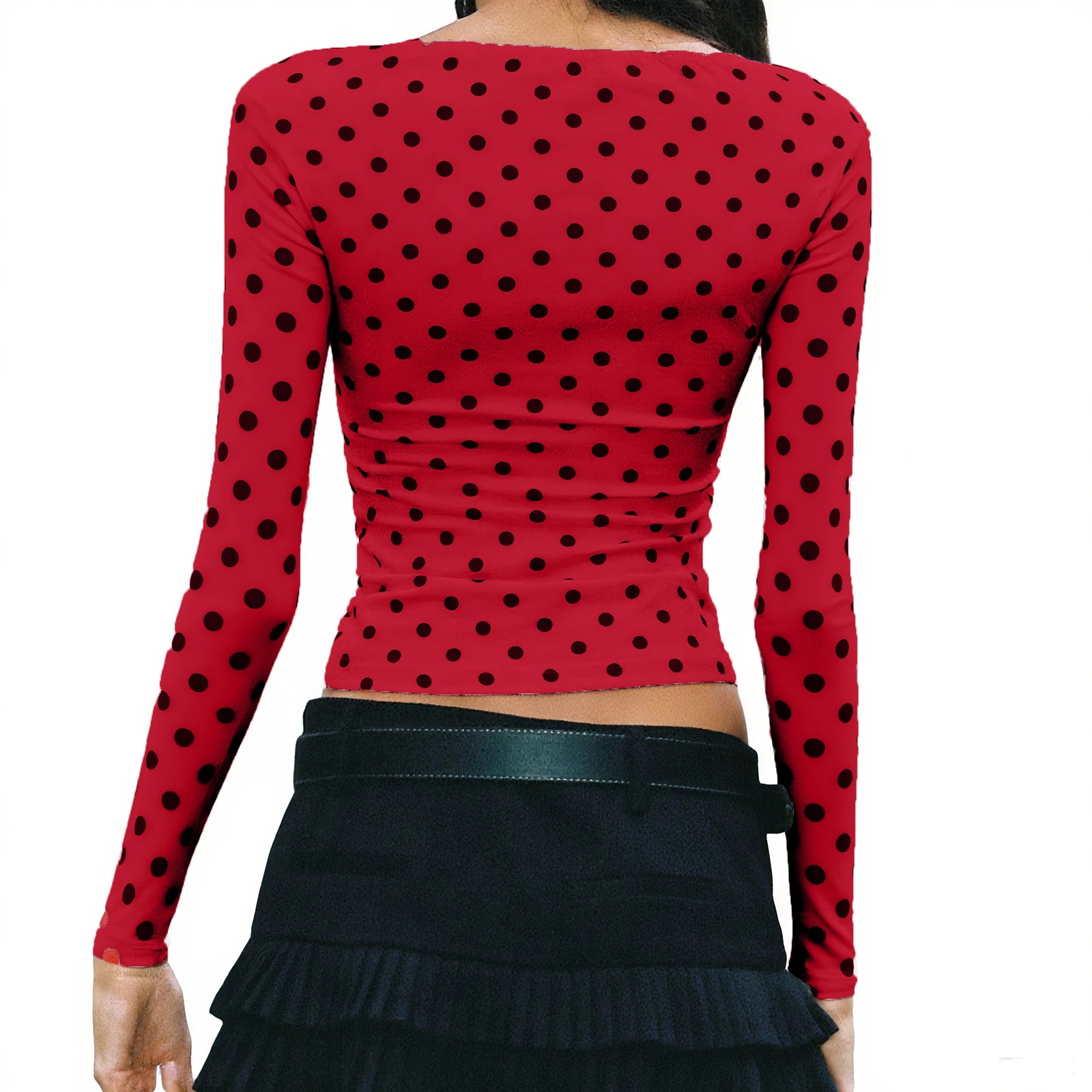 

Женская футболка с длинным рукавом Y2K, винтажная футболка в горошек с вырезом лодочкой, облегающие укороченные топы, весенне-осенние топы на выход, футболки, уличная одежда