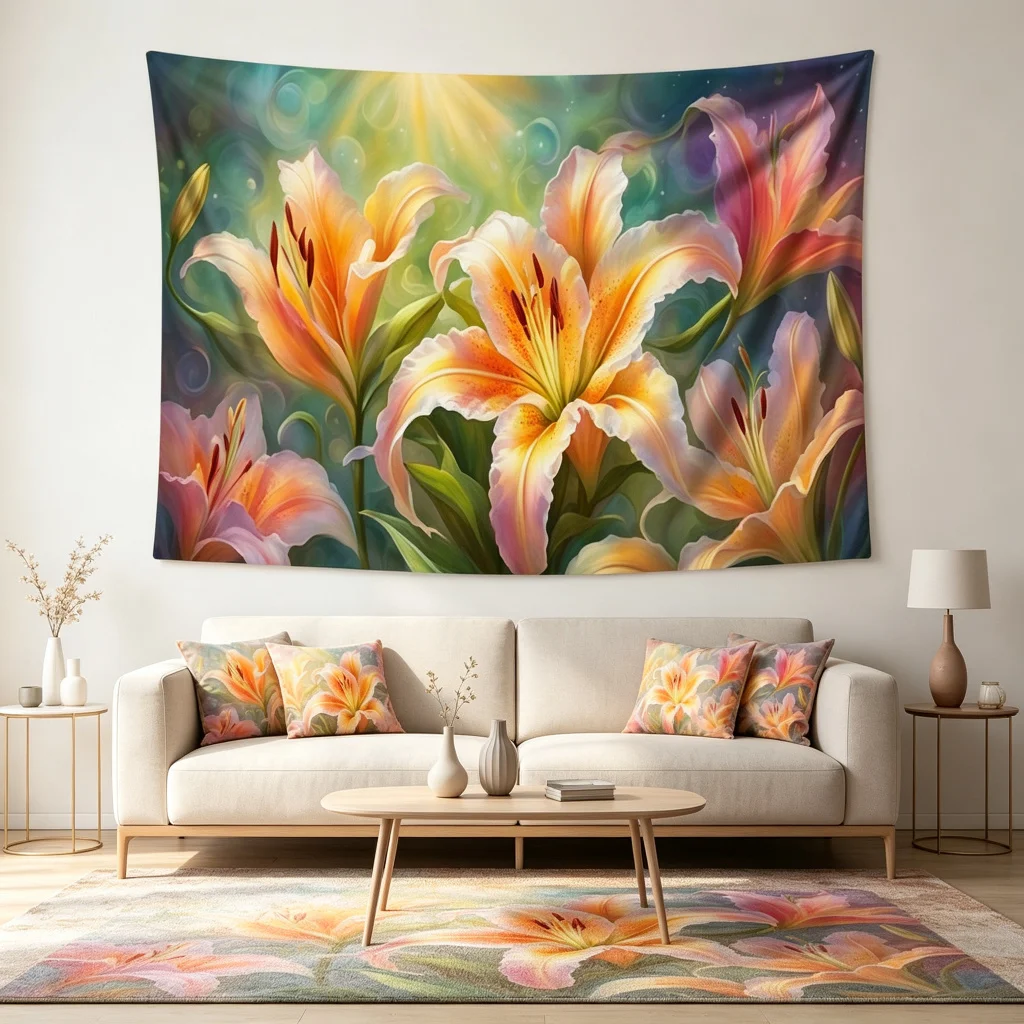 1PC Colorful Lily Flower Oil Painting Print Backdrop Banner, Bedroom Living Room Photo Background, Polyester, Home Decor, Wall A