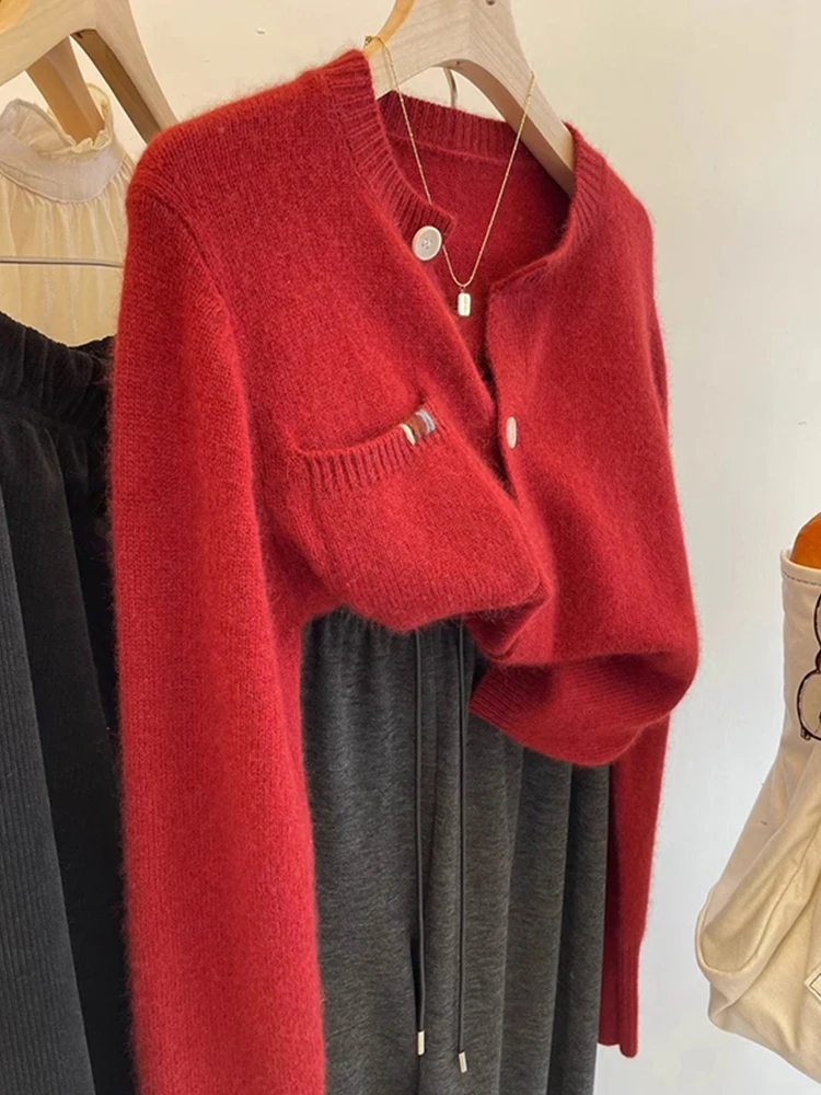 Cardigan lavorato a maglia in lana premium coreano Sle Morbido chic invernale maglione rosso Capispalla lungo Sve Regular Fit Commute Faion