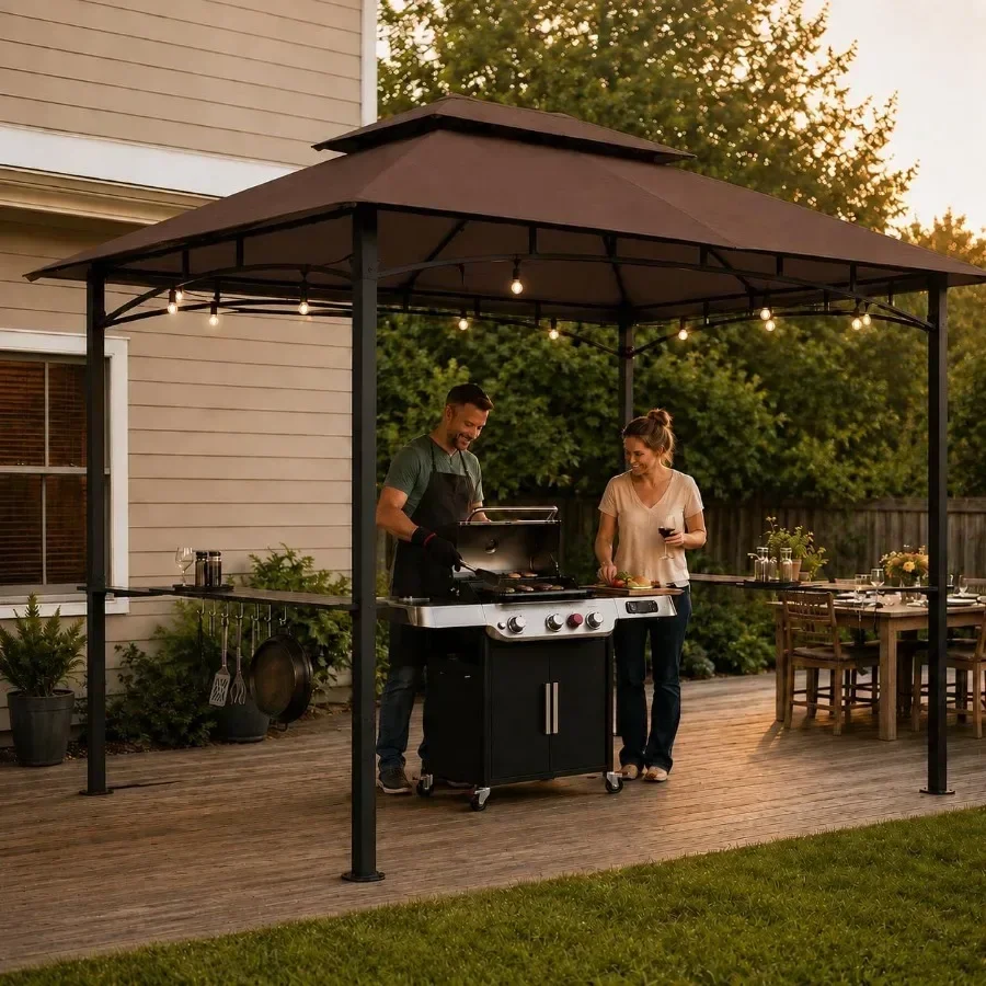 8x5 Grill Gazebo, Outdoor BBQ Canopy Shelter with Double Tiered Roof Ventilation - Heavy Duty Patio Canopy Tent Steel Frame for