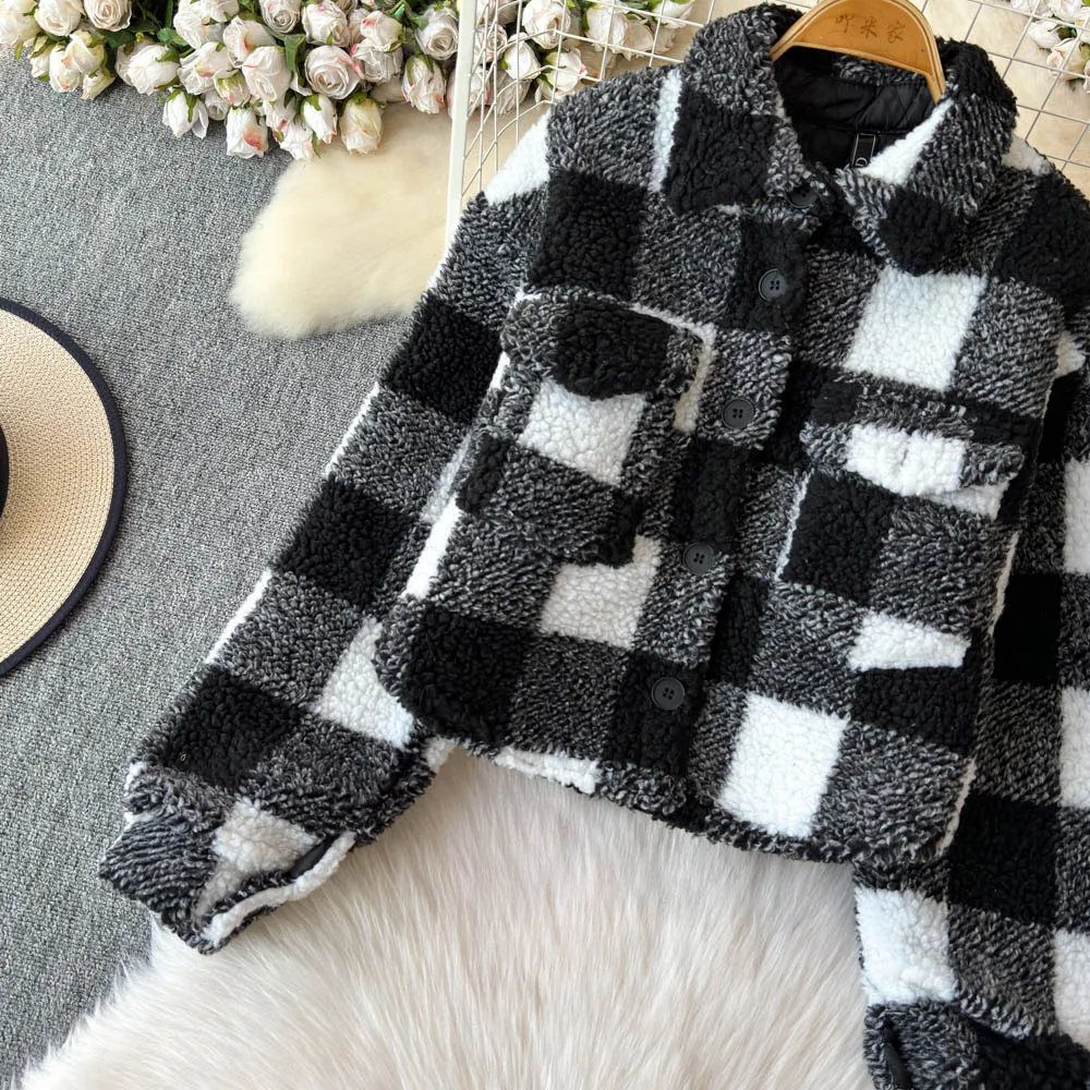 Women's Winter 2024 New Popular Lamb Fleece Loose Casual Cotton Thickened Checkered Coat Jackets