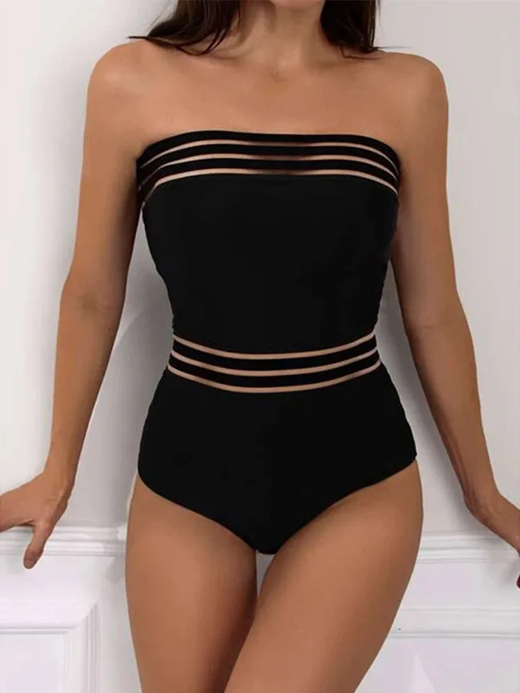 

2024 One-piece Swimsuit Solid Color Women Jumpsuit Sexy Mesh Beach Bathing Swimsuits Removable Shoulder Strap Halter Swimsuits