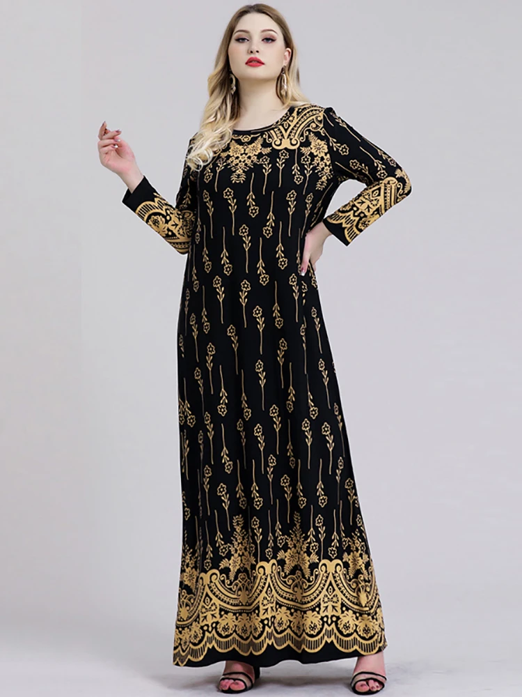 Abaya Muslim Dress Woman Autumn Winter Long Sleeve Retro Floral Print Maxi Long Dress Turkish Plus Size Islamic Clothing