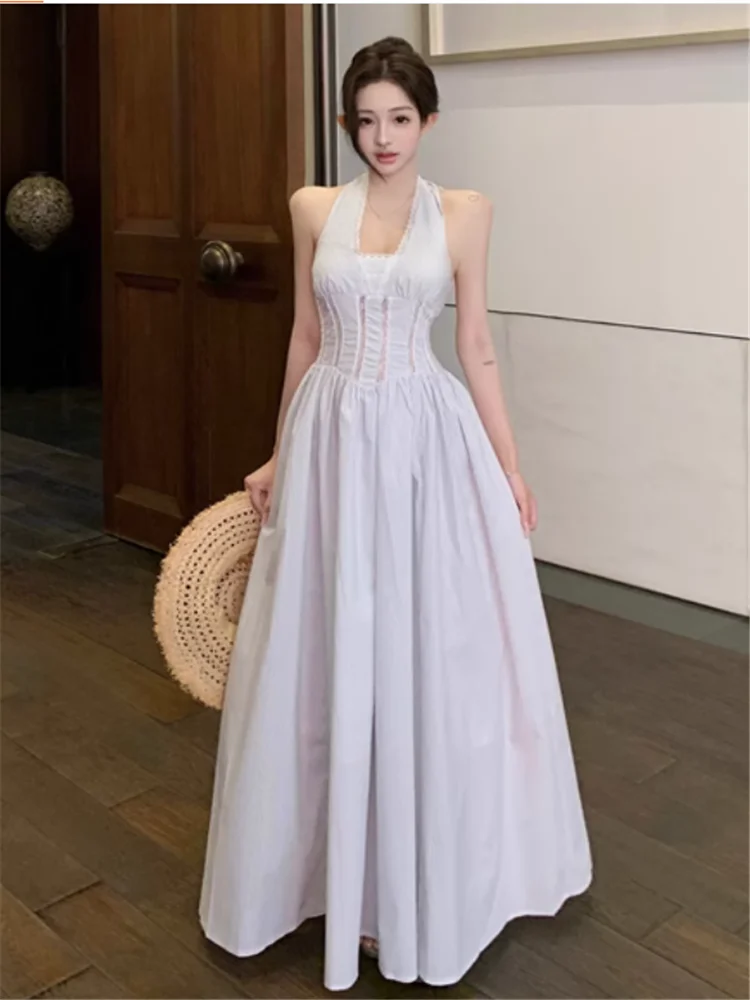 

Summer Holiday Backless Chic Striped Halter Long Dress Hollow Lace Patchwork Sleeveless Maxi A Line Seaside Beach Dress Vestidos