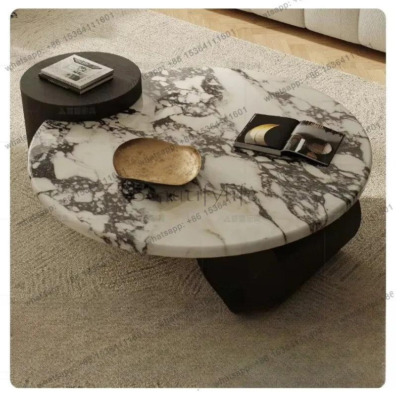 YJ Black Legs Side Table Luxury Aesthetic Marble Center Luxury Living Room Coffee Table Round Modern Design Salontafel Furniture