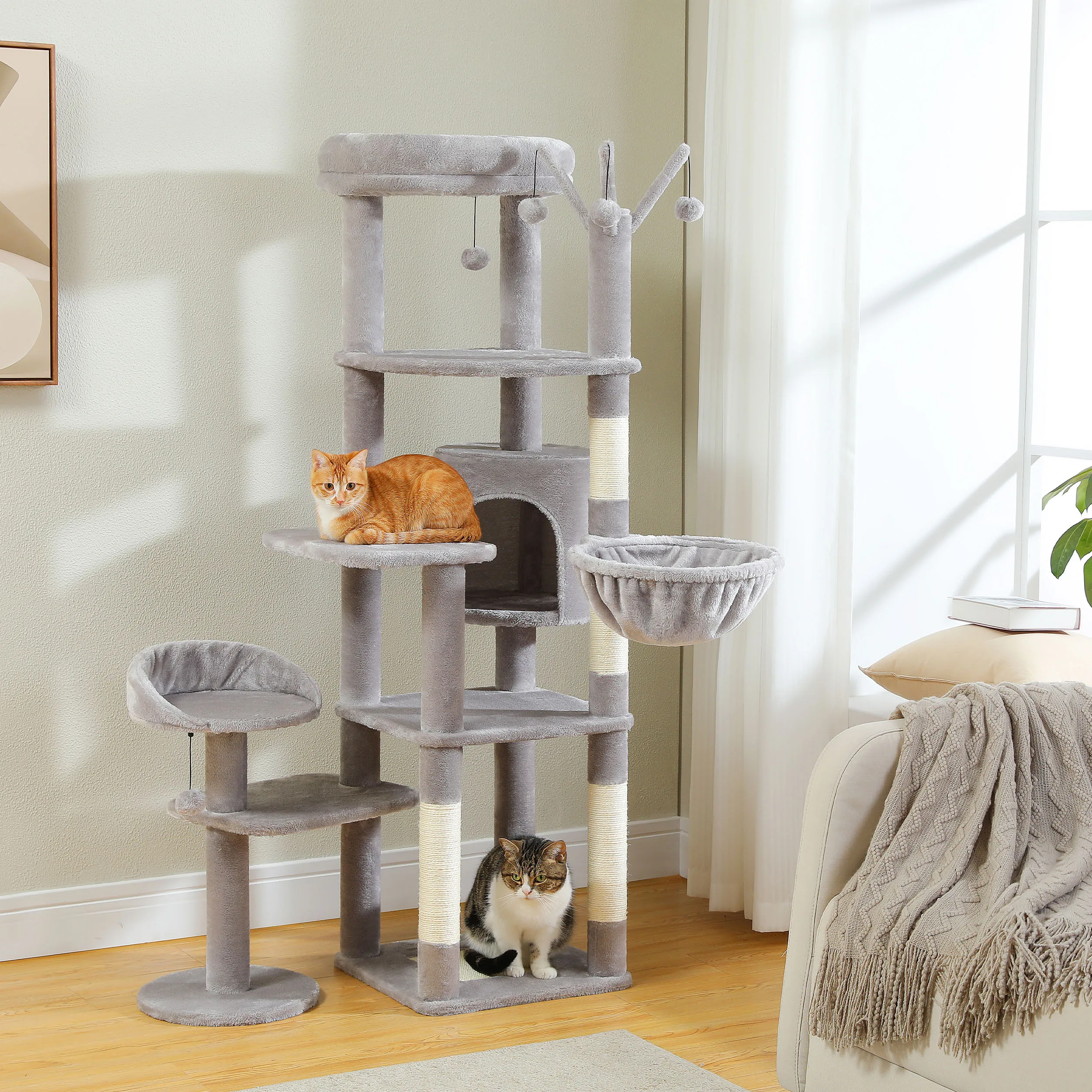 Multi-Level Cat Tree with Scratching Post Hammock Large Perches Hanging Balls Tall Cat Tower for Indoor Spacious Cat Condo House