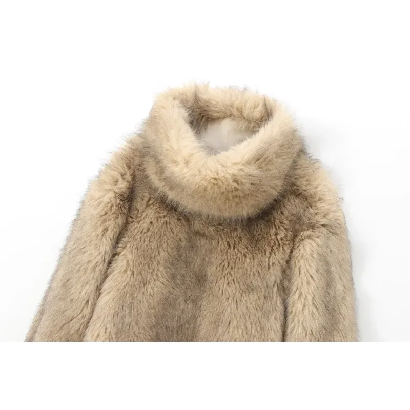 패션 인조 모피 여성 코트 두꺼운 터틀넥 긴 소매 여성 풀오버 2025 가을 겨울 따뜻한 빈티지 플러피 여성 의류