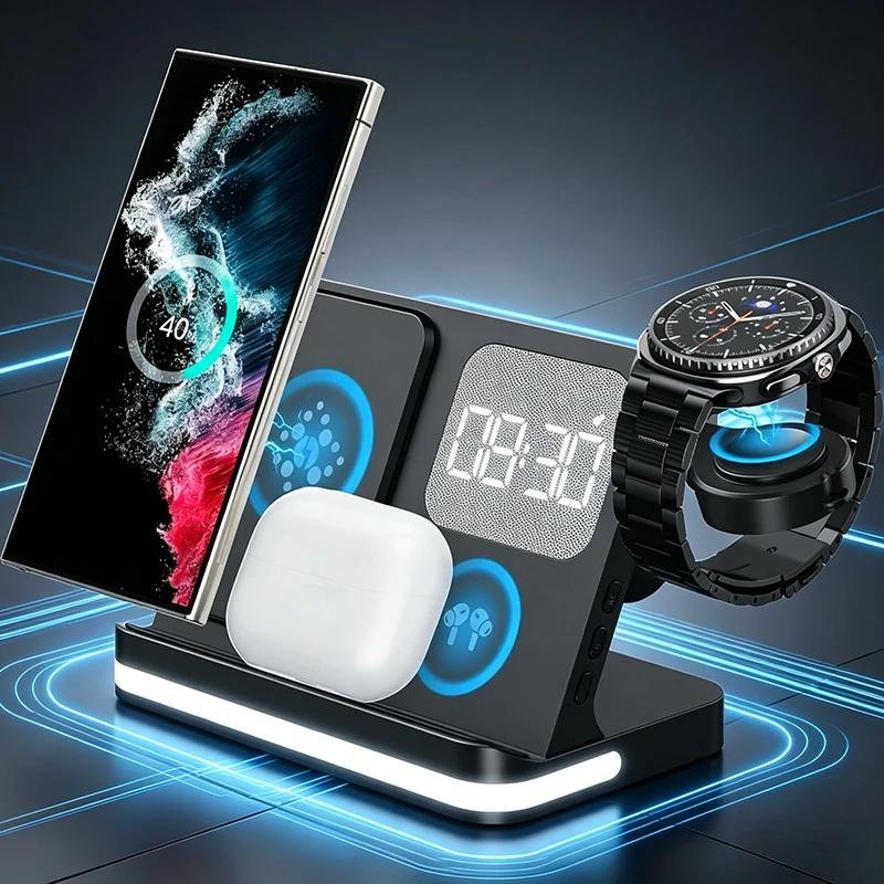 4-in-1-ワイヤレス充電ステーション、目覚まし時計、ledナイトライト、高速充電スタンド、samsung-galaxy-watch、buds、全機種対応