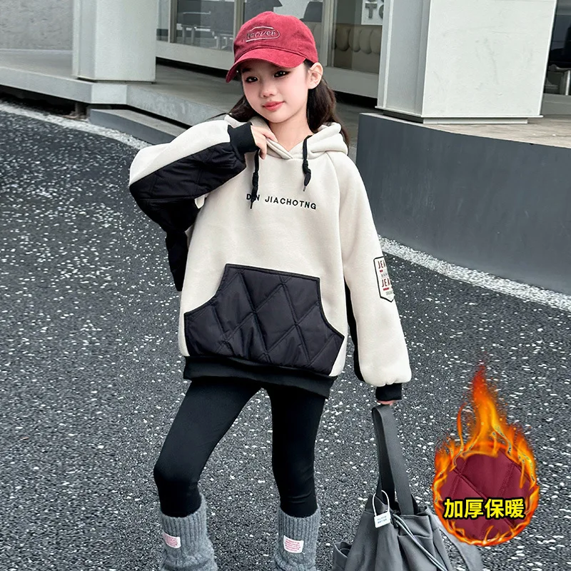 Girls Hoodies Top Spliced Cotton Laminated Thick Hoodie Autumn and Winter 2024 New Loose Hooded Bottom Shirt Top Fashion