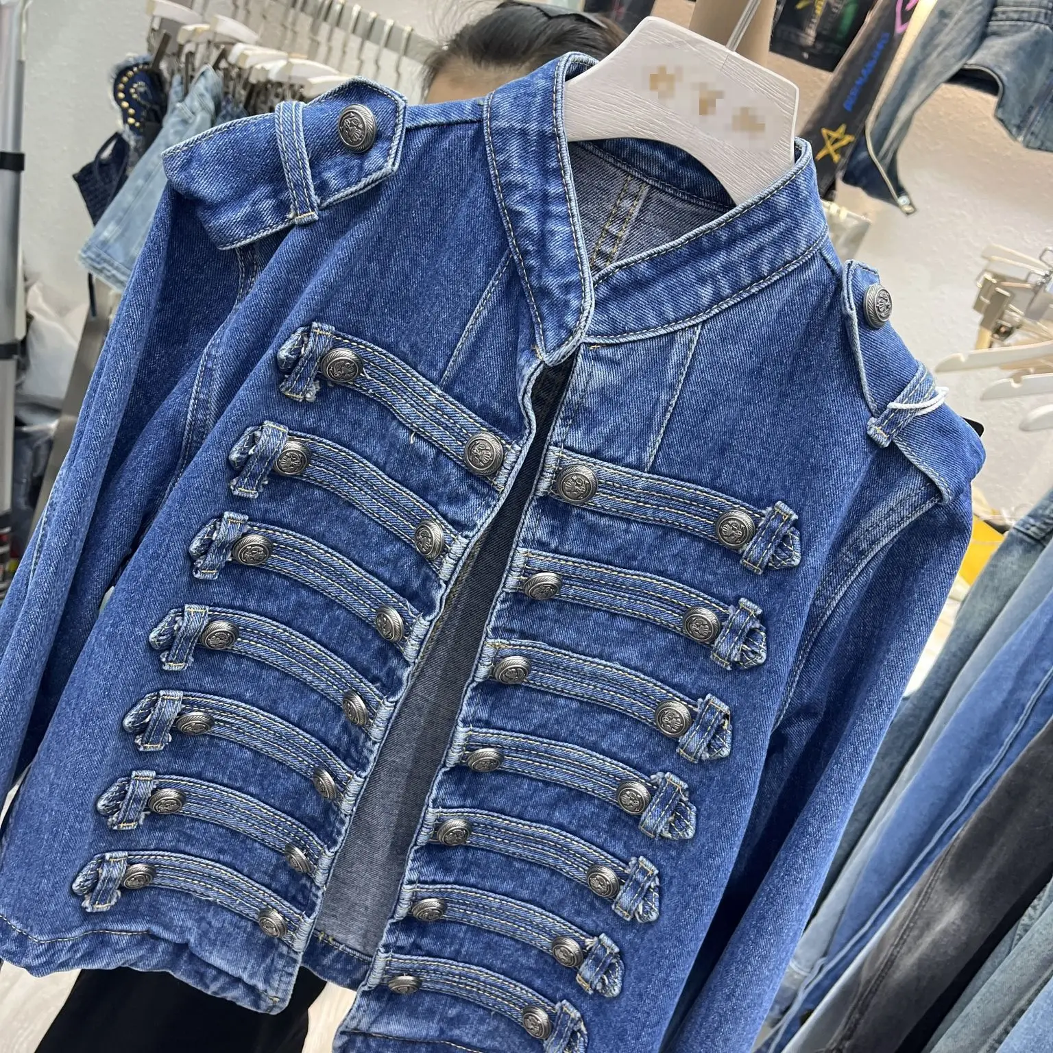 Retro Military Style Handsome Stand Collar Denim Jackets Female Double-breasted Old Wild Slim Short Denim Jackets Outerwear