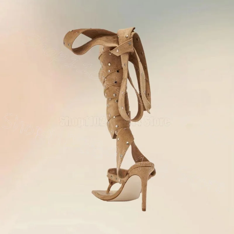 

Metal Rivets Beige Suede Flip Flop Sandals Boots Lace Up Women Shoes Thin High Heels Party Feast Dating 2026 Zapatos Para Mujere