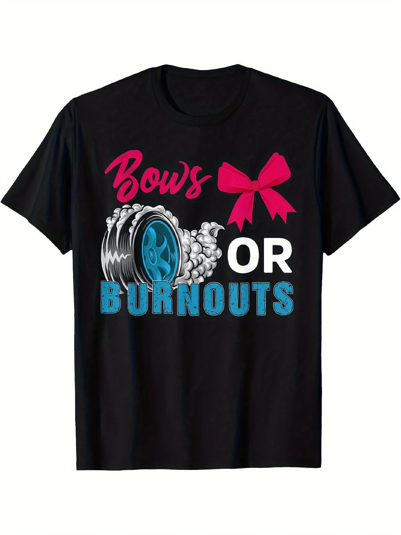 Burnouts or Bows Gender Reveal Party T-Shirt - Black Pregnancy Announcement Shirt with Tire Graphic & Bow Design for Baby Showers - Funny Gender Reveal Outfit for Moms, Dads, Parents