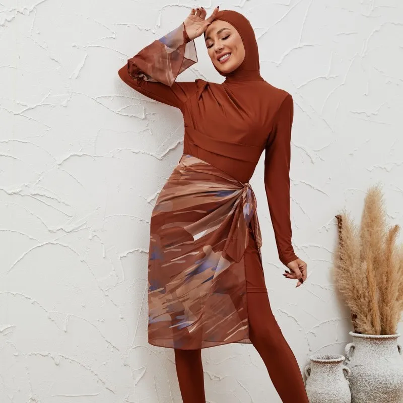 Muslim Women Swimsuit Islamic Casual 4 Piece Set Full Coverage Swimwear Round Neck Modest Dress High Waist Pants Swimming Suit