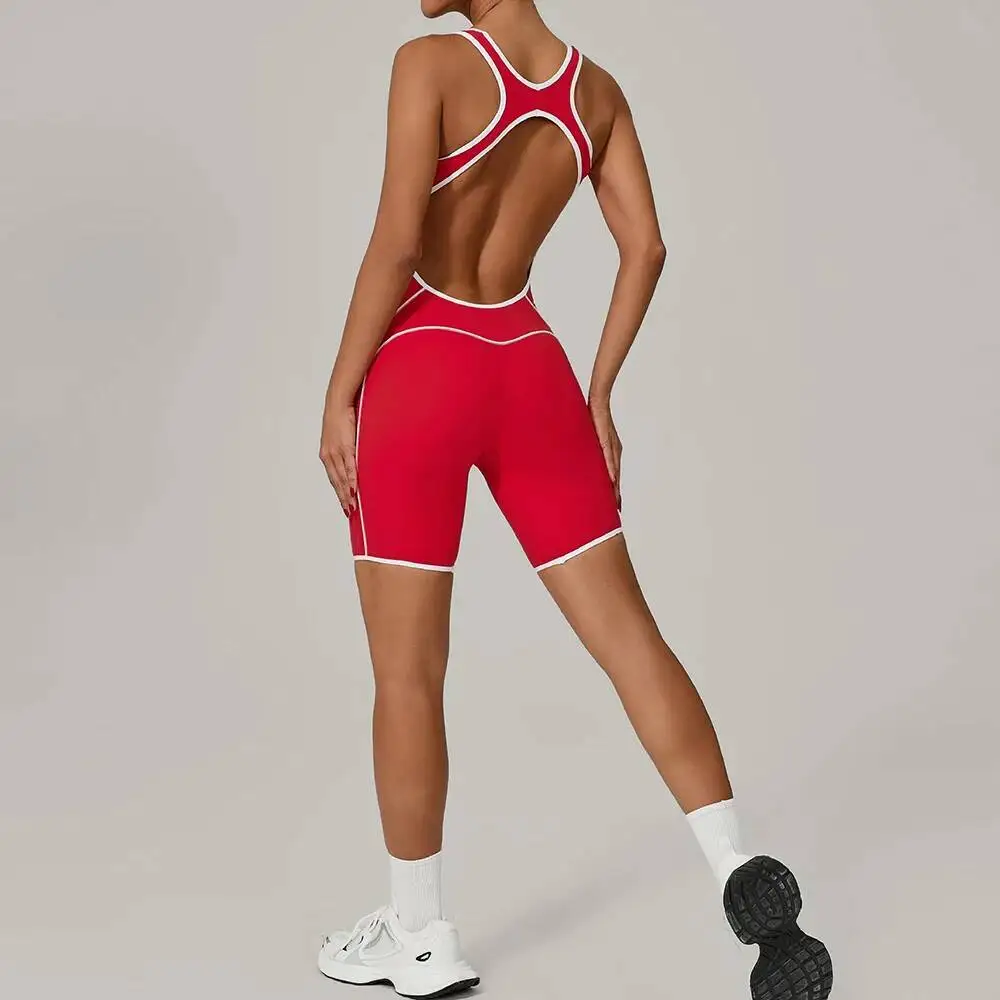 

Женский летний комбинезон с вырезами на спине, комбинезон для йоги с контролем живота, цветной блок, спортивный комбинезон с подтяжкой ягодиц, бесшовный, быстросохнущий, стрейч