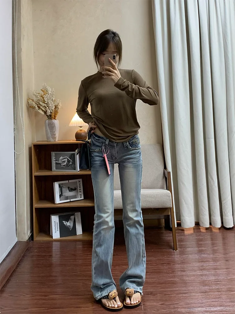 plus Size American Retro Leopard Print Patchwork Washed Denim Pants Women Design Sensibility Slim Fit Elastic Slim Straight L...