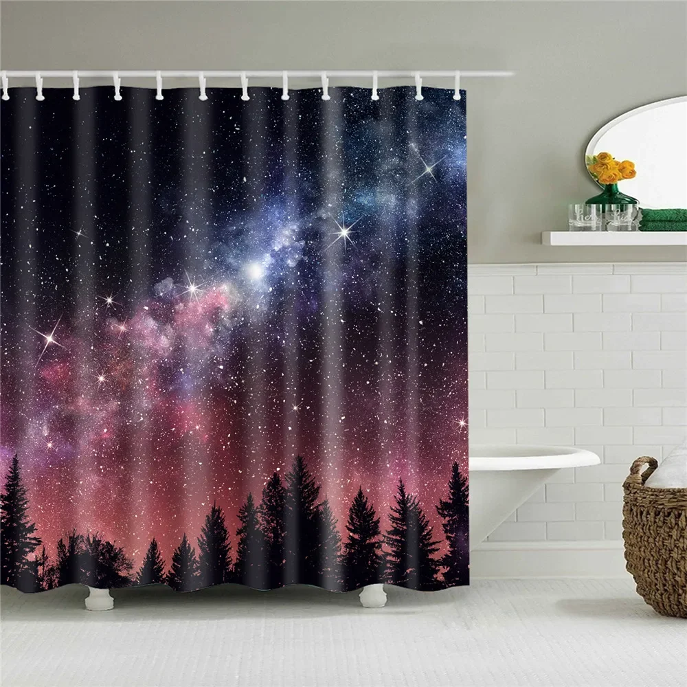 Night Sky Gradient Shower Curtain, Fantasy Starry Sky, Galaxy, Forest, Black, Purple Theme Fabric, Bathroom Decor Set