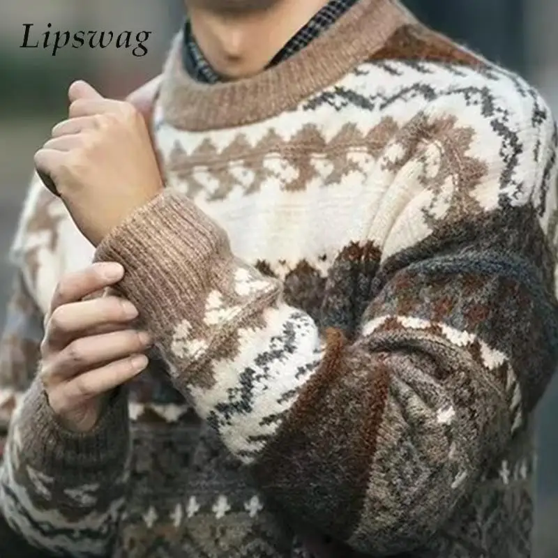 Vintage Style Sweaters Mens Fall Winter Christmas Graphic Crochet Knit Jumpers Mens Fashion Long Sleeve Crew Neck Knitted Tops