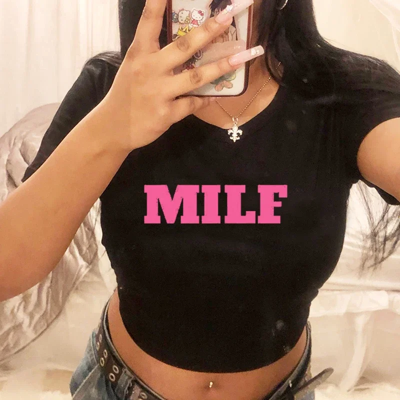 

Pink Love Milf Women Cropped Top Summer Fashion T Shirts Causal Fitness Youth T Shirt Baby Tee Popular Y2k Clothes Dropshipping