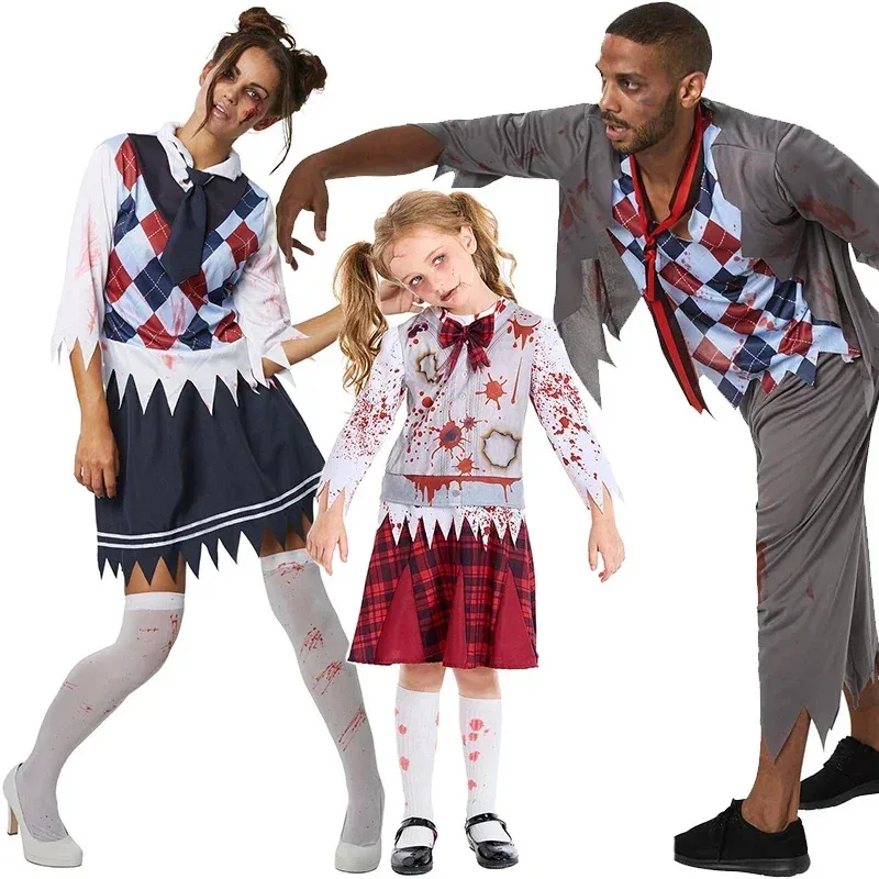 

2024 Women Zombie School Fancy Dress Outfit Men Scary School Uniform Boy Family Bloody Zombie Schoolgirl Halloween Costume