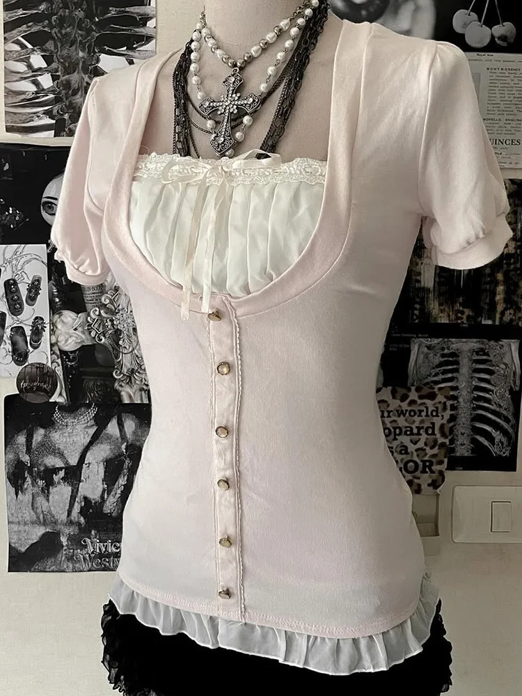 

Original Retro Pure Desire Pink T-irt Slimming Gentle Personali Design Casual Sle ort Sve Cotton Blend Top
