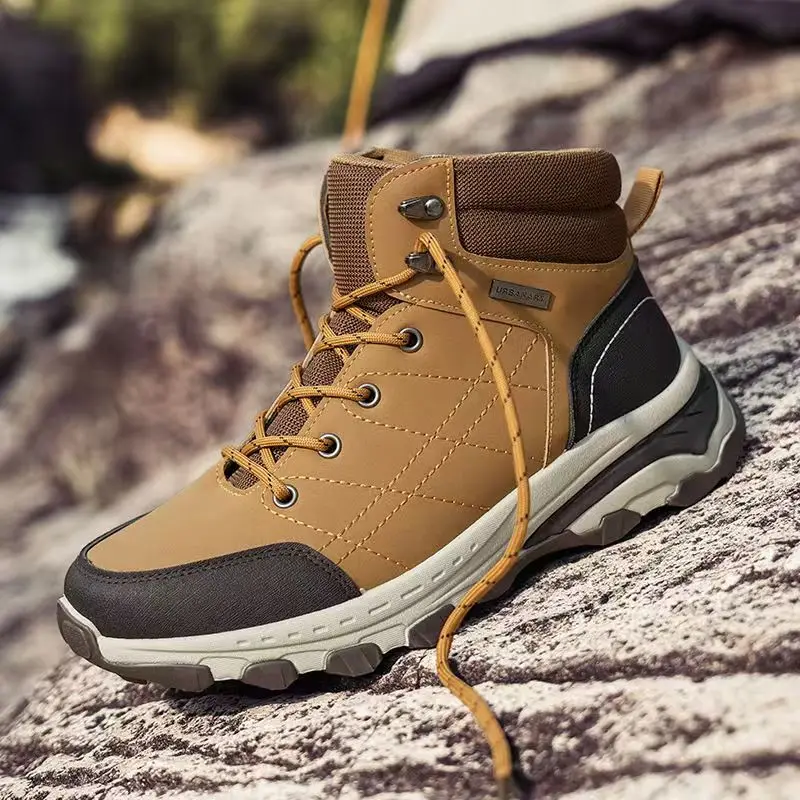 

Мужские осенне-зимние новые рабочие ботинки большого размера, кожаные, на толстой подошве, с круглым носком, водонепроницаемые, на шнуровке, уличная, с высоким берцем, походная обувь
