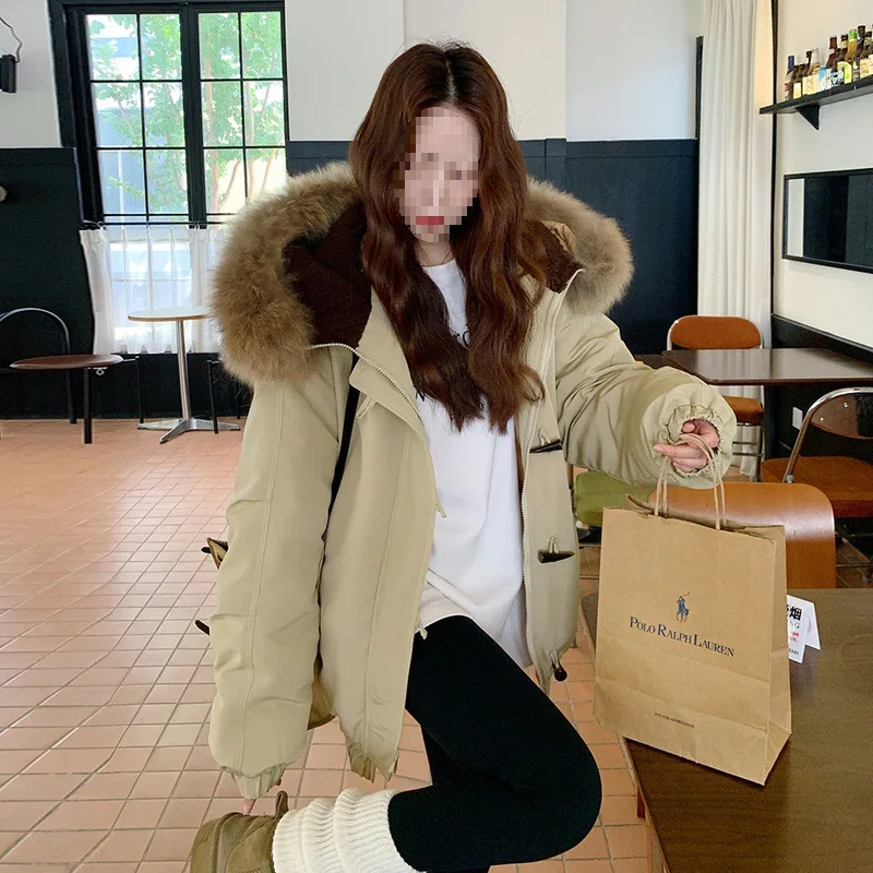

Oversized Polo Collar Long Sleeve Slim Fit Cotton Blend Fashionable Coat Korean Style Women's Winter Jacket Large Fur Collar