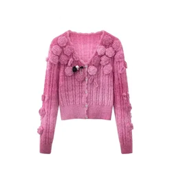 Sweet Pink Soft Cardigan Female 3D Flower V-neck Knitted Sweater Dopamine Stylish Buttons Up Slim Short Jumpers Knitwear autun