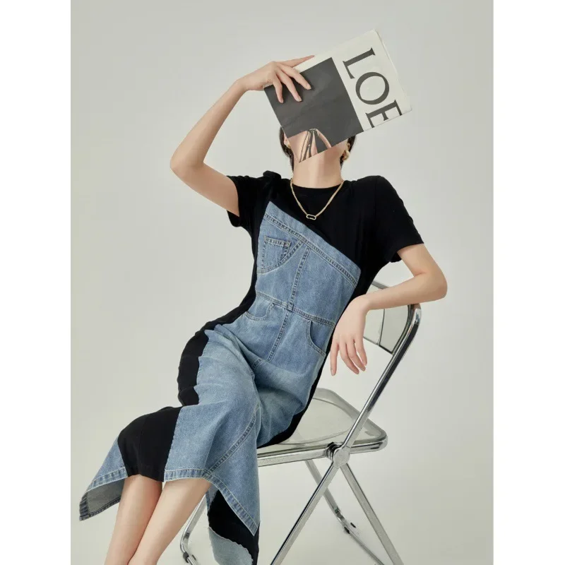 

Women Dress Denim Long Dresses Round Neck Short Sleeve Elegant Splice Autumn Tight Waist Casual Temperament Vestidos 2024