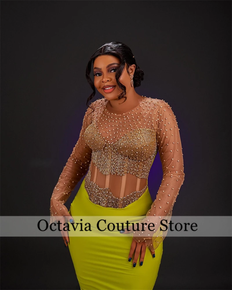 Aso Ebi-Robe de Soirée Verte à Col Rond et Manches sulfpour Fille, Tenue de Luxe Personnalisée avec Perles et Cristaux, pour Anniversaire, 2024