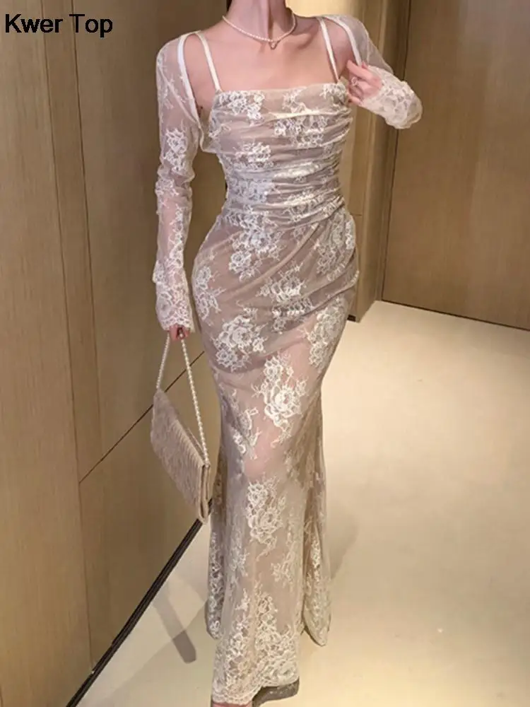 Elegant Bandage White Lace Wedding Dress Vintage Bodycon Evening Prom Mermaid Robe Women Summer Spaghetti Straps Vestidos Mujer