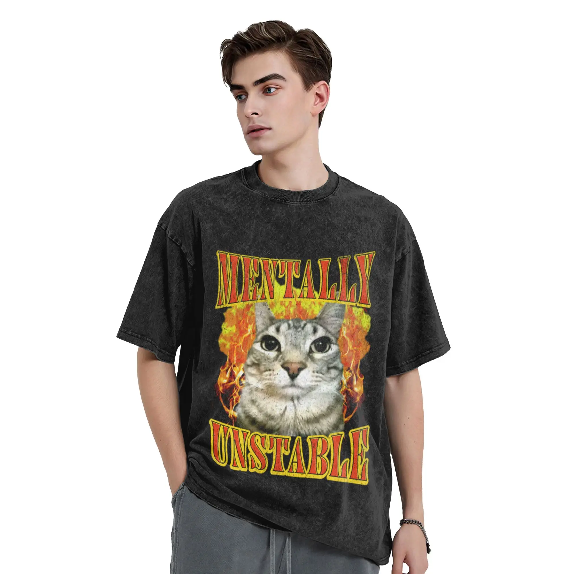 Cat Meme Mentally Unstable Classic Trendy A Vintage Oversized Cotton Unisex T-Shirts