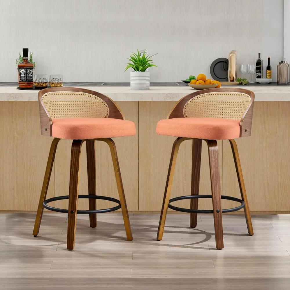 

26 inch Swivel Bar Stools with Back, Set of 2 Mid-Century Modern Walnut Bar Chairs, Orange Textured Fabric Upholstered