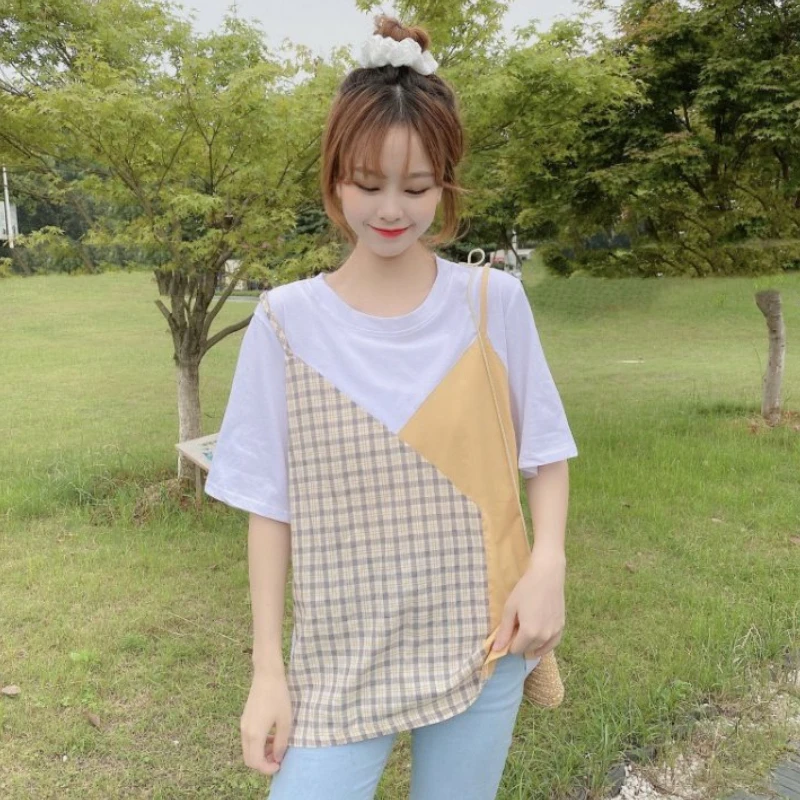 Kurzarm T-shirts Frauen Gefälschte Zwei Stück Tops Sommer Junge Student Mode Koreanischen Stil Ins Einfach Alle-spiel Patchwork Beliebt