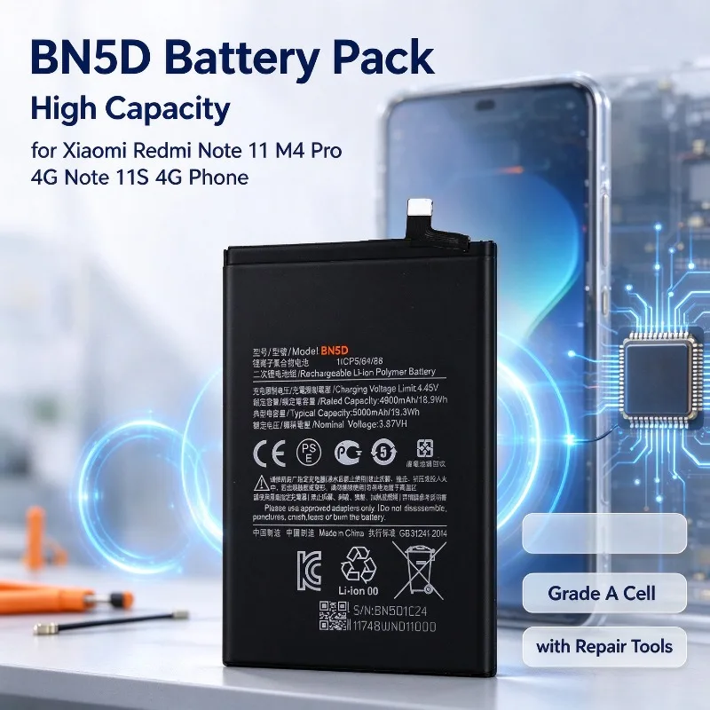 BN5D High Capacity Replacement Battery for Xiaomi Redmi Note 11 M4 Pro 4G Note 11S 4G Phone, Grade A Cell with Repair Tools