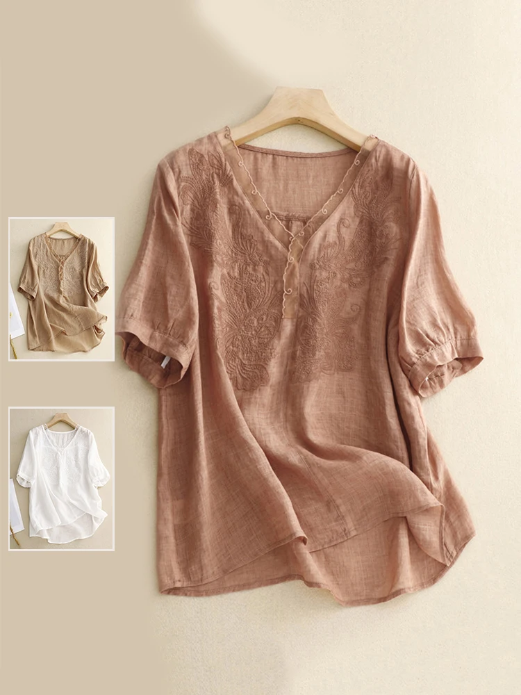 

Женский повседневный топ из хлопка и льна с вышивкой в стиле ретро, большой размер, свободный топ с v-образным вырезом для похудения живота