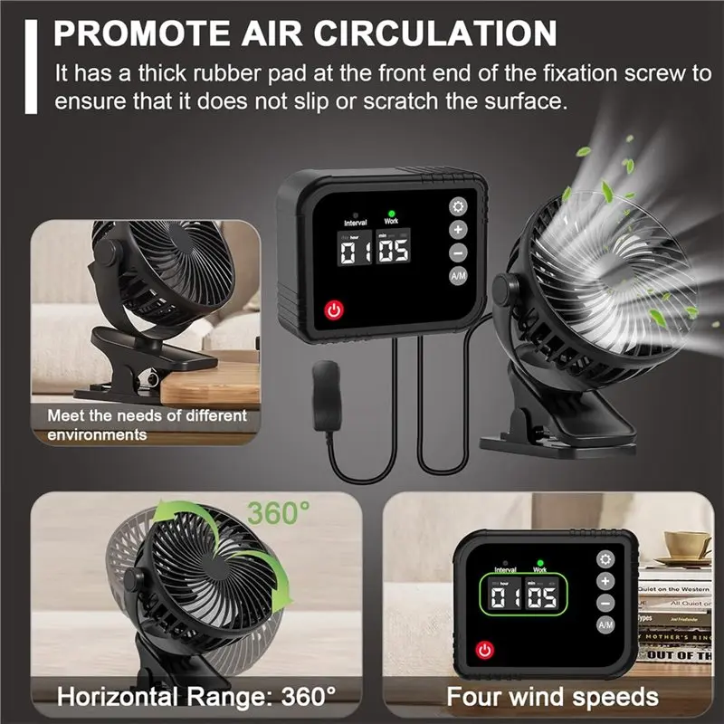 BABZ Clip-On Electric Cooling Fan with Digital Display Timer 360° Rotation for Chicken Coop Pet House