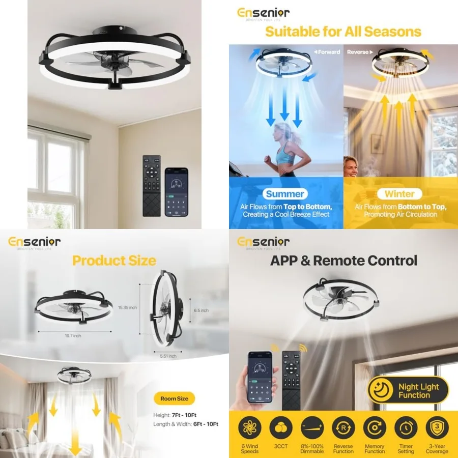 Ceilg Fans with Lights and Remote, '' Low Profile Ceilg Fan Flush Mount, APP Control, 6 Speed, 3CCT, Quiet Reversible DC Motor,