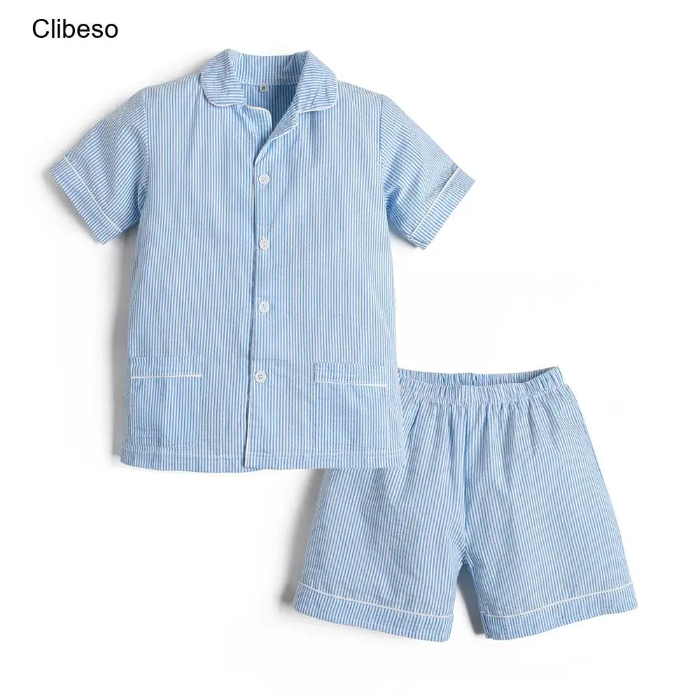 

Toddler Baby Kid Casual Pajama Suit 100% Cotton Seersucke Short Sleeve Pocket Lapel Tops+ Shorts Set Boy Girl Sleepwear Clothes