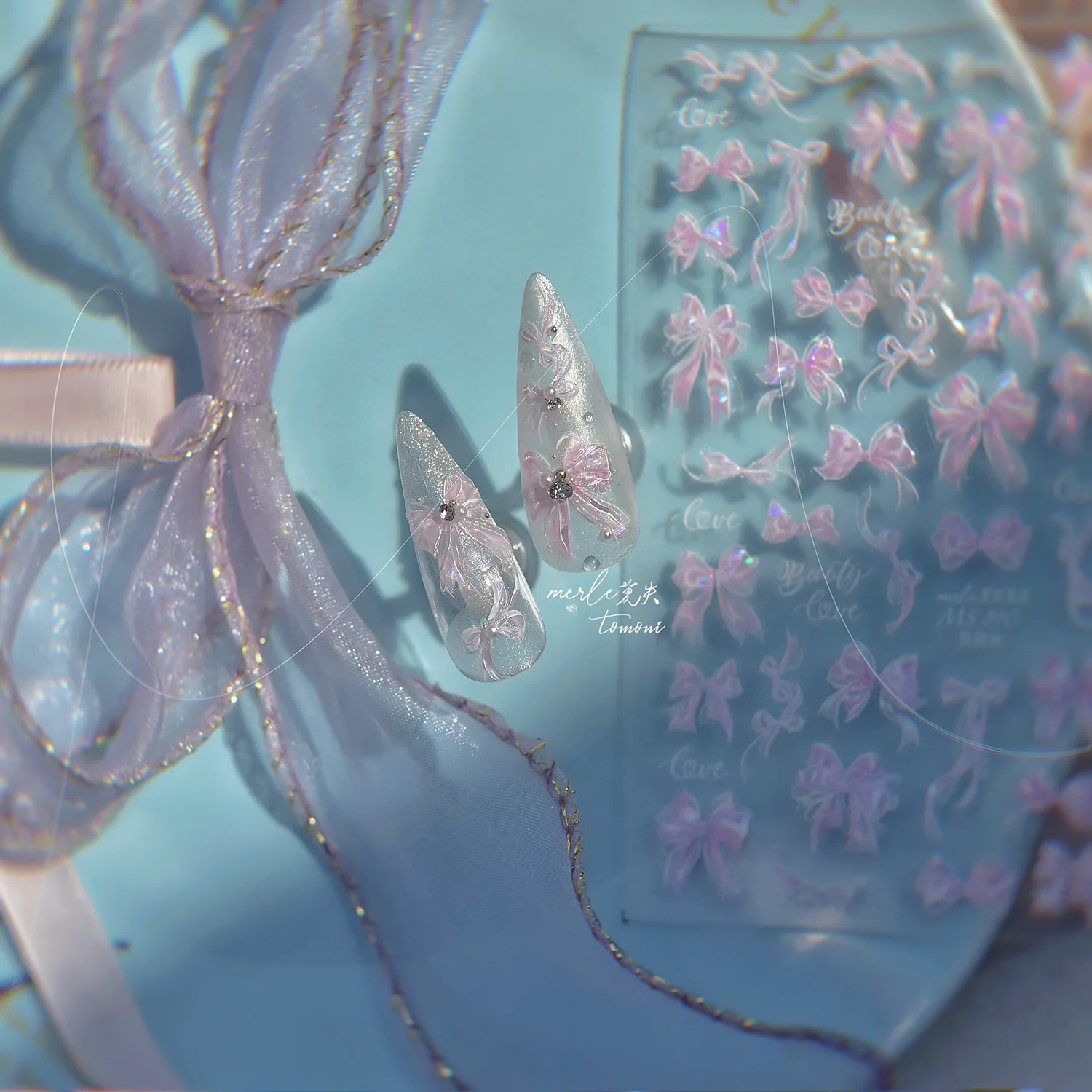 قذيفة ضوء مسمار ملصقات Bowknot الشريط عقدة التعادل الوردي الأبيض حالمة شيك الجمال الذاتي لاصق 5D مسمار الفن ملصق مانيكير مائي #4