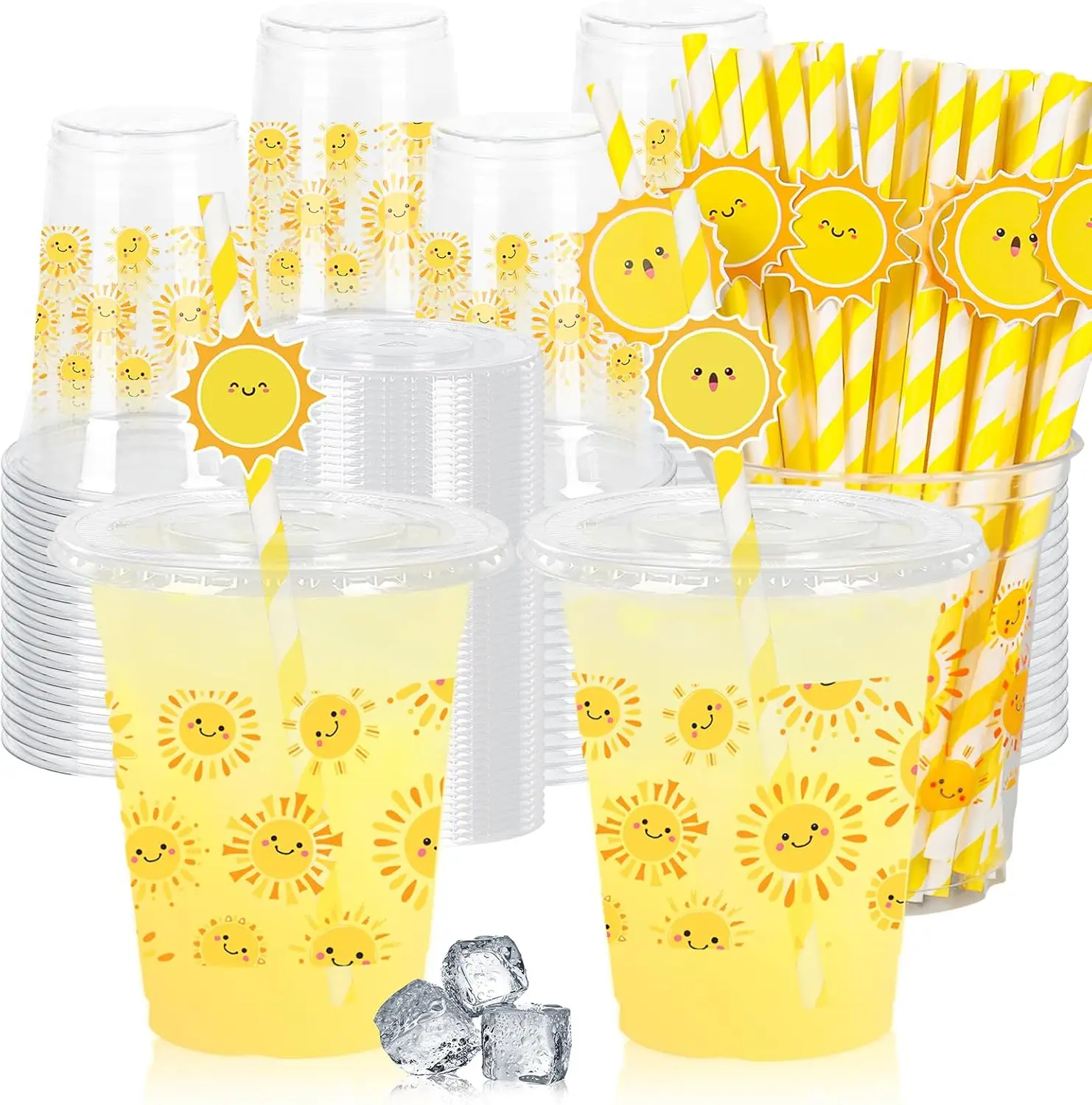 

50Pcs 12Oz Smile Sunshine Plastic Cups with Lids & Straws First Trip Around The Sun Disposable Clear Drinking Cups for S