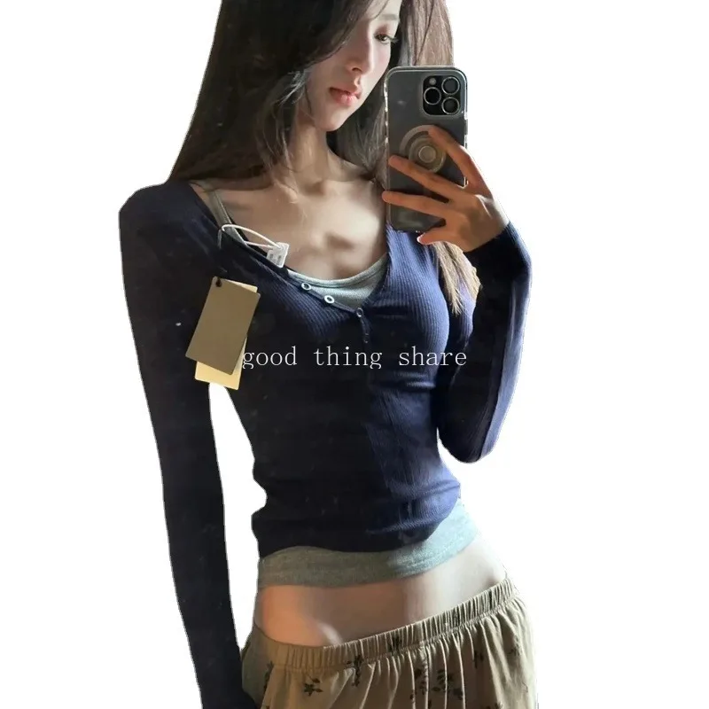 

Fake Two-Piece T-shirts Women's Spring and Autumn Design Sense Niche Short Bottoming Shirt Slimming Top