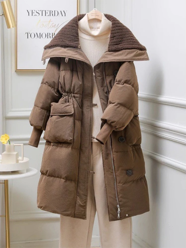 Winter Down Cotton Mid-length Jackets Coats Lapel New Elastic Waist Abrigo Korea Casual Chaqueta Tops Elegant Women Warm Casaco