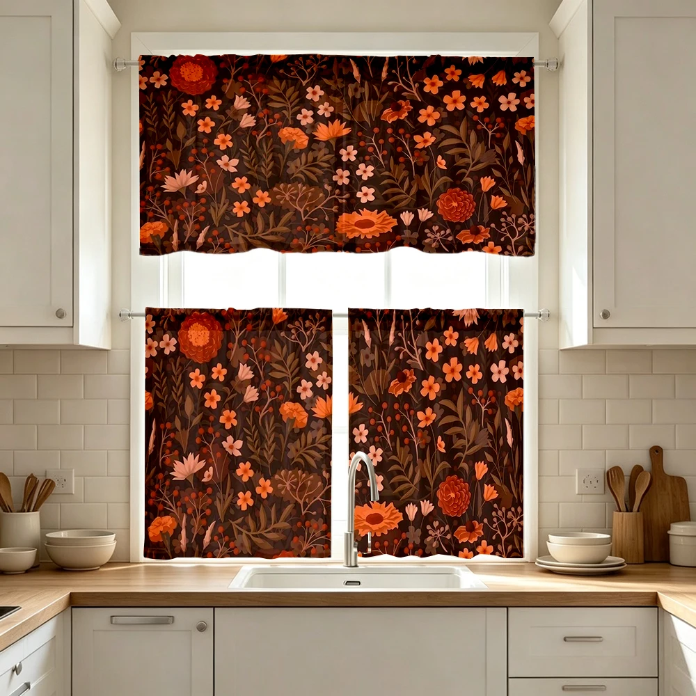 Floral Kitchen Curtains, Dark Brown Orange Flower, Digital Print, Kitchen Dining Room, Rod Pocket Polyester, Home Decor